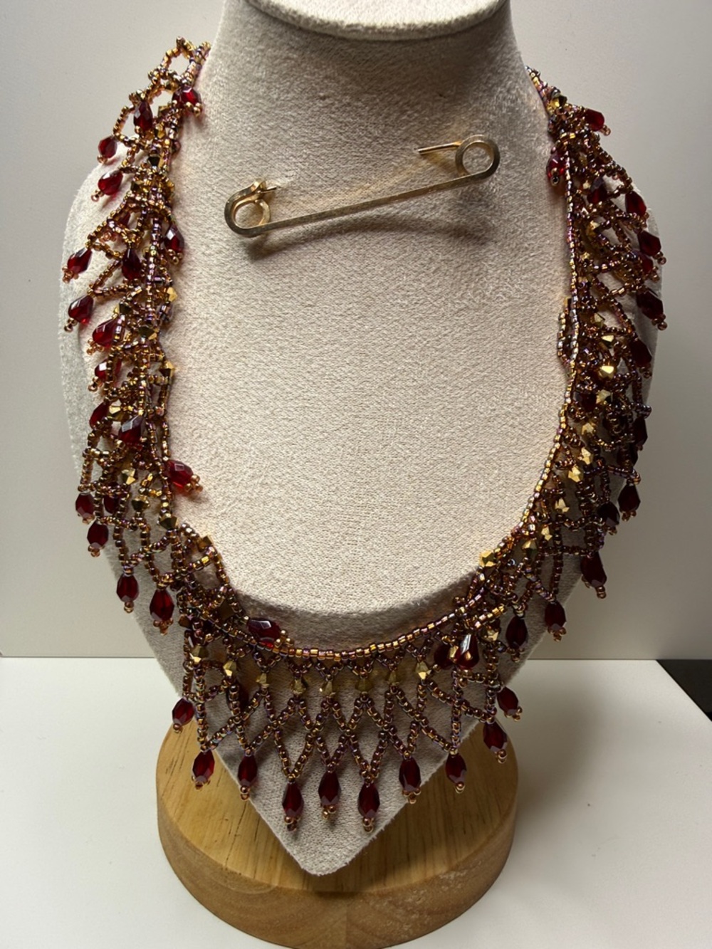 Vintage rainbow champagne Necklace seed bead garnet  Beaded Fringe clasp 14/20